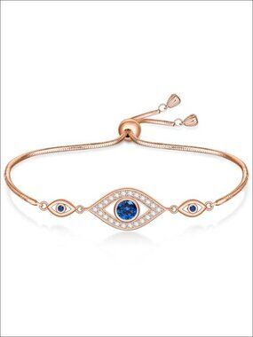 925 Sterling Silver Evil Eye Link Bracelet with Blue Accent Protection Jewelry